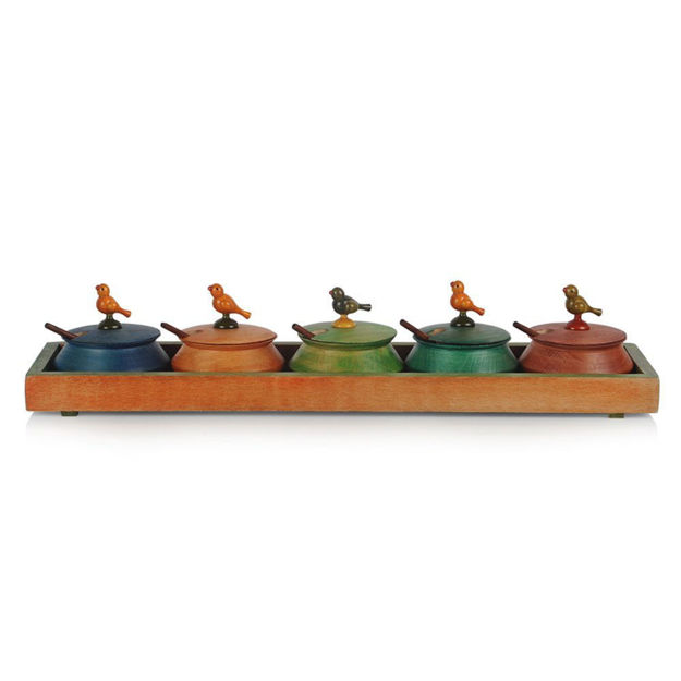 Picture of Multicoloured Wooden Parrot Jar Set with Tray & Spoon