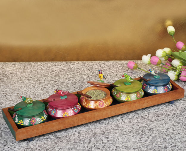 Picture of Multicoloured Emboss Hand Painted Parrot Jar Set With Tray And Spoon