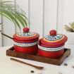 Picture of Terracotta Pickle Jar Set Of 2 With Sheesham Tray And Spoon (Red)