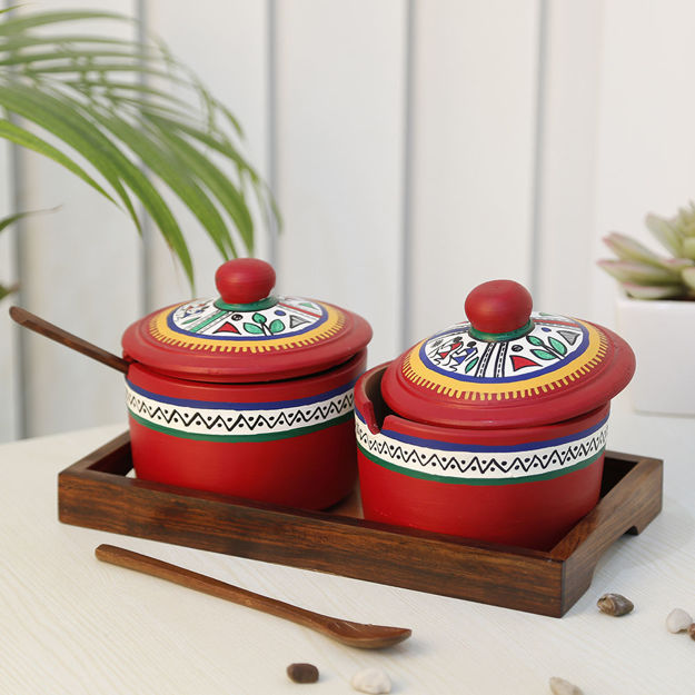 Picture of Terracotta Pickle Jar Set Of 2 With Sheesham Tray And Spoon (Red)