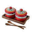 Picture of Terracotta Pickle Jar Set Of 2 With Sheesham Tray And Spoon (Red)