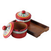 Picture of Terracotta Pickle Jar Set Of 2 With Sheesham Tray And Spoon (Red)