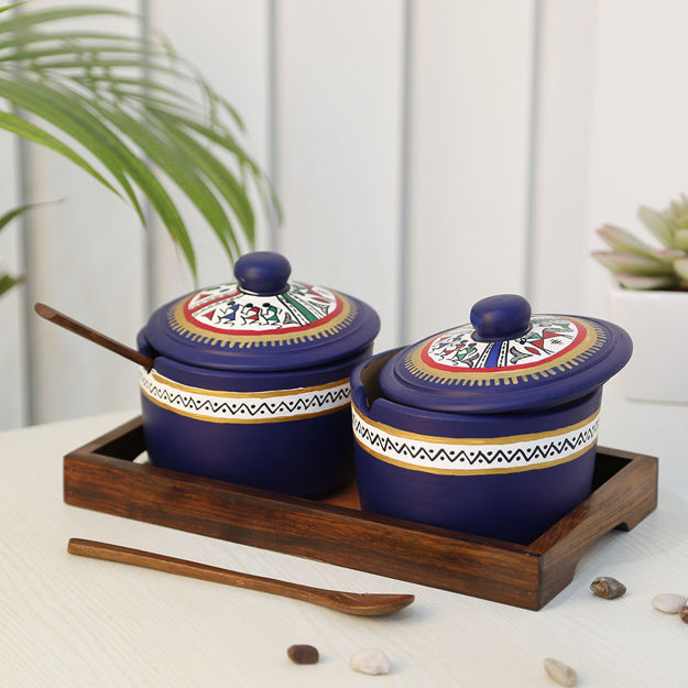 Picture of Terracotta Pickle Jar Set of 2 With Sheesham Tray And Spoon (Blue)