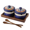 Picture of Terracotta Pickle Jar Set of 2 With Sheesham Tray And Spoon (Blue)