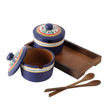 Picture of Terracotta Pickle Jar Set of 2 With Sheesham Tray And Spoon (Blue)