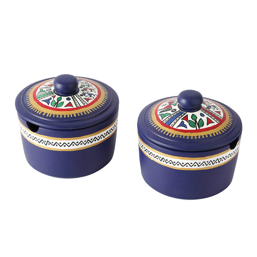 Terracotta Pickle Jar Set of 2 With Sheesham Tray And Spoon (Blue