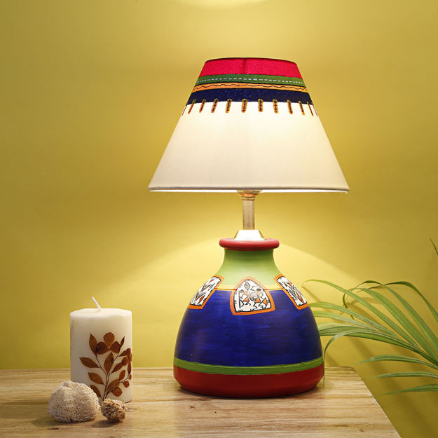 Picture of Terracotta Table Lamp 'Warli In Light' Flat Matki Shaped (Blue)