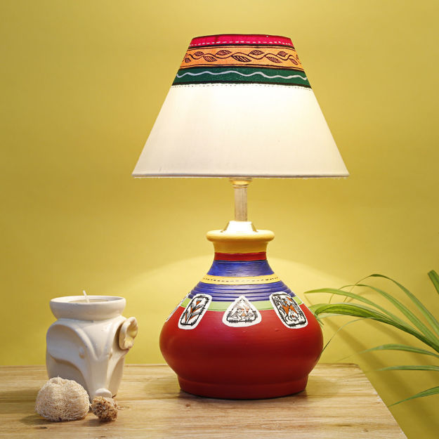 Picture of Terracotta Table Lamp 'Warli In Light' Pot Shaped Round (Red)