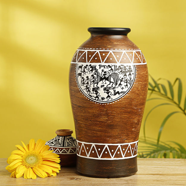 Picture of Terracotta Round Vase Warli - Tribal Melodies