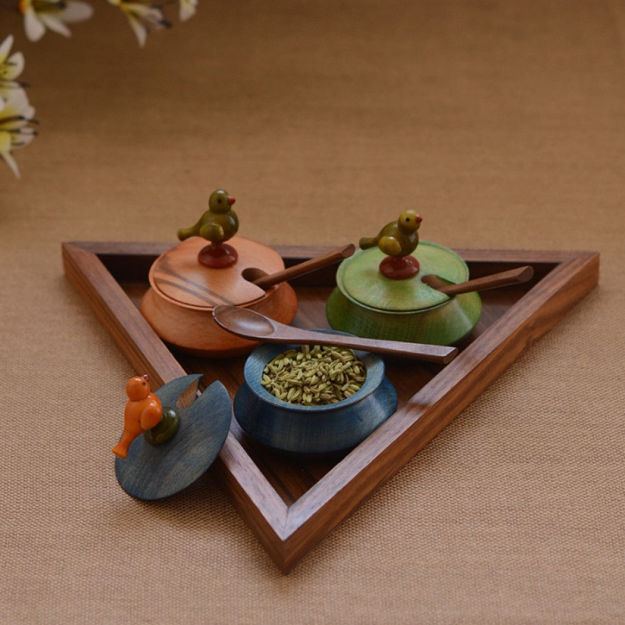 Picture of Triangular Wooden Parrot Jar Set With Tray & Spoon