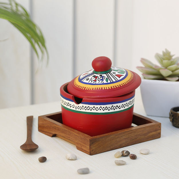 Picture of Terracotta Pickle Jar Set With Sheesham Tray And Spoon (Red)