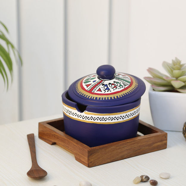 Picture of Terracotta Pickle Jar Set With Sheesham Tray And Spoon (Blue)