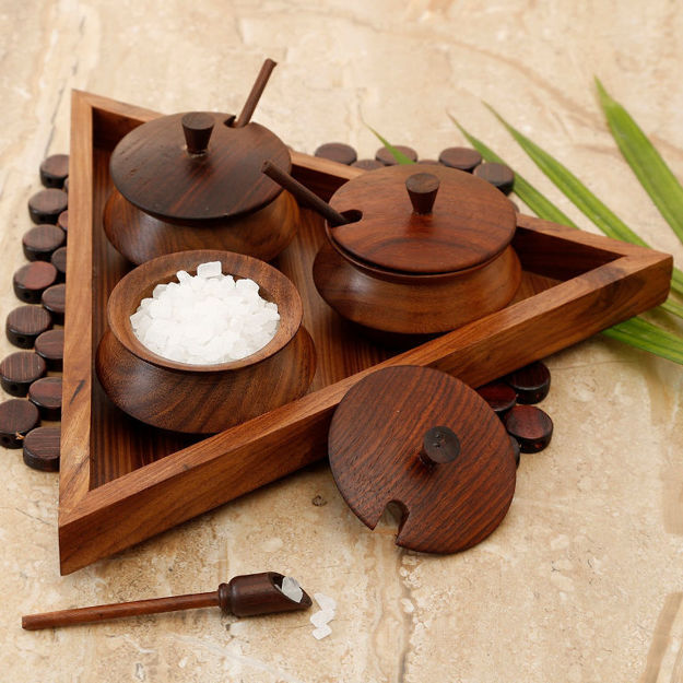 Picture of Wooden Triangular Jar Set with Tray & Spoon