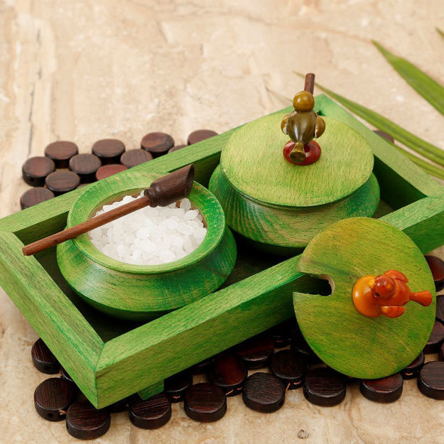 Picture of Wooden Parrot Jar Set With Tray & Spoon (Green)