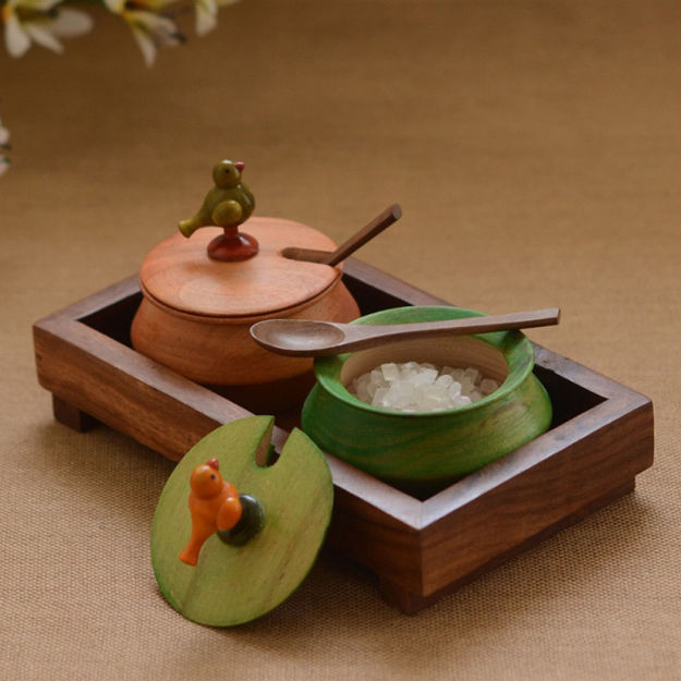 Picture of Multicoloured Wooden Parrot Jar Set With Tray & Spoon