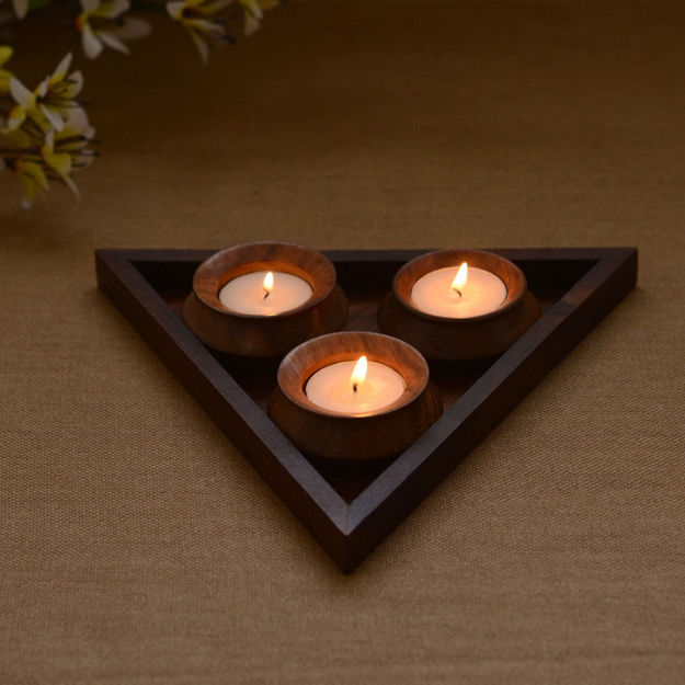 Picture of Wooden Tealight Holder - Classy 3 Tealight Set With Base Tray Table