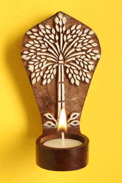 Picture of Wooden Tealight Holder Engraved Palm Tree (Table or Wall)