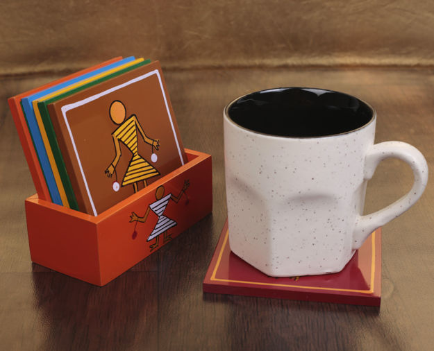 Picture of Wooden Tea Coasters Warli (Multicolour)