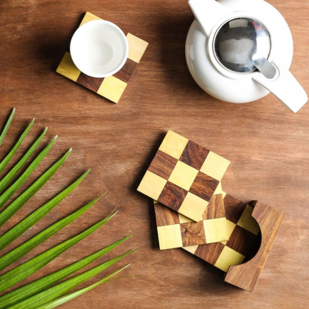 Picture of Wooden Tea Coasters (Set of 4) With Holder - Chess Pattern