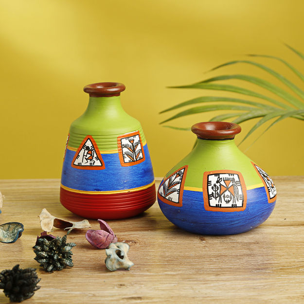 Picture of Terracotta Flower Pots Warli (Set Of 2 - Pastel Blue and Leafy Green)