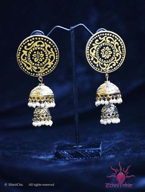 Picture of Earring with Hanging Jhumka - Handpainted Gold & Black