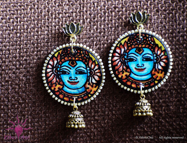 Picture of Earring with Hanging Jhumka - Krishna Mural Design (Handpainted Blue)