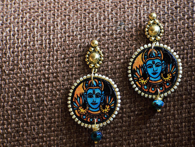 Picture of Earrings with Agate Beads - Mural Design (Handpainted Blue)