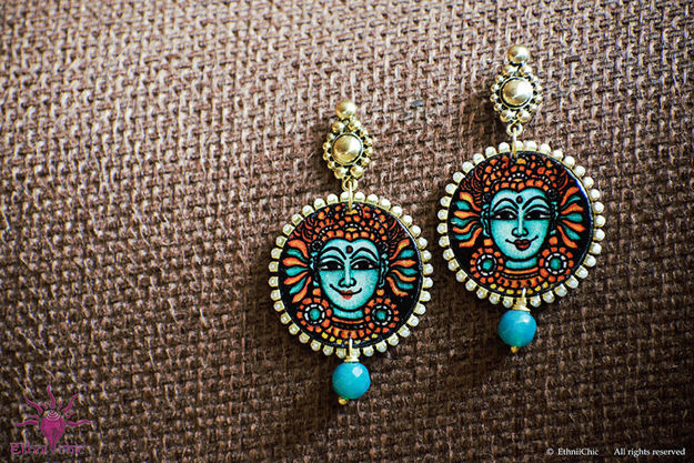 Picture of Earrings with Agate Beads - Mural Design (Handpainted Blue)