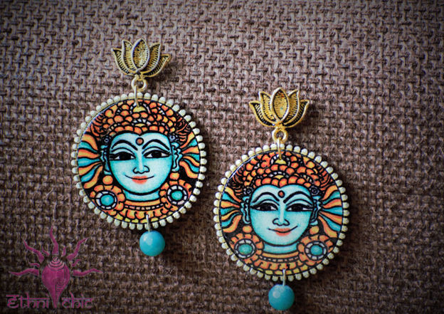 Picture of Earrings with Agate Beads - Mural Design (Handpainted Blue)