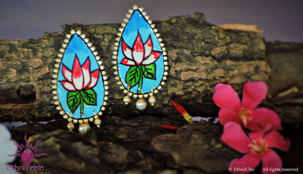 Picture of Earring Studs with Beads - Mural Lotus Design (Handpainted Blue)