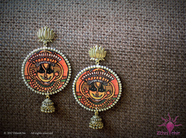 Picture of Earrings with Hanging Jhumka - Mural Design (Handpainted Brown)