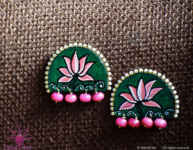 Picture of Earring Studs with Pink Beads - Lotus Design (Handpainted Green)