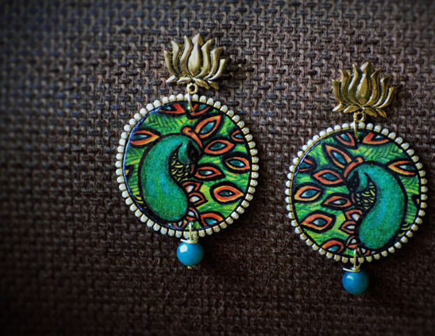 Picture of Earrings with Blue Agate Beads - Mural Peacock Design (Handpainted Green)