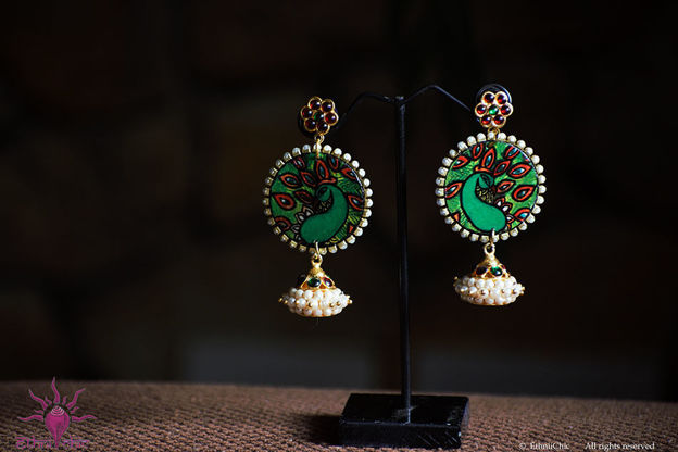 Picture of Earring with hanging Pearls - Mural Peacock Design (Handpainted Green)