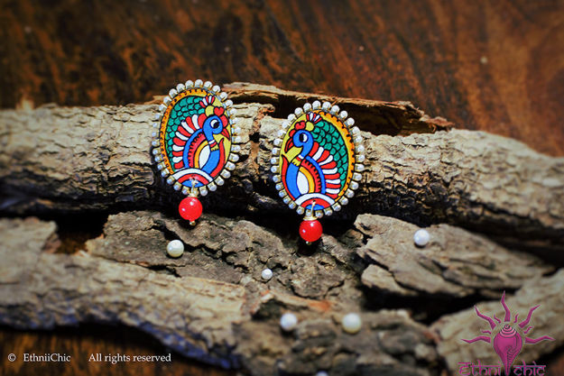 Picture of Earring Studs with Red Agate Beads - Mural Peacock Design