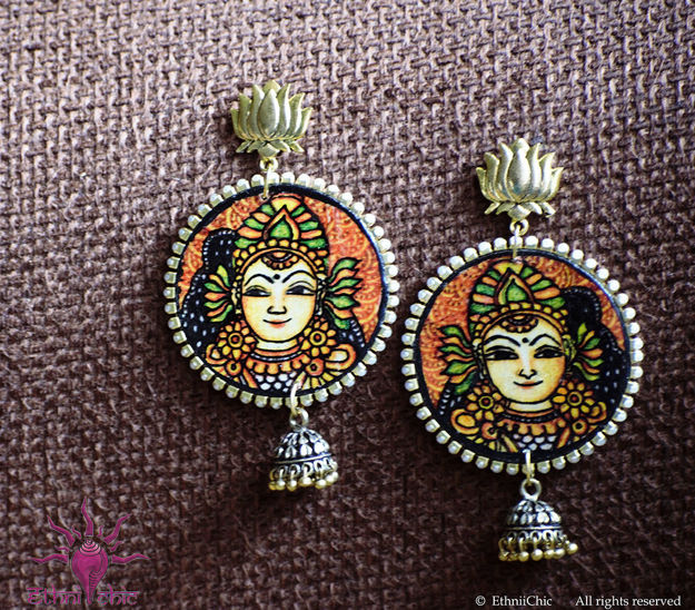 Picture of Earring with Hanging Jhumka - Mural Design (Handpainted Orange)