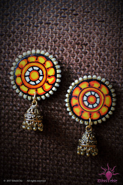 Picture of Earring with Hanging Jhumka - Mural Motif Design (Handpainted Orange)