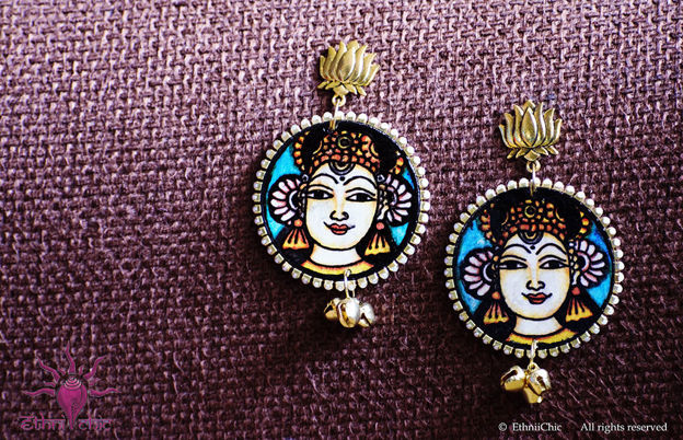 Picture of Earrings with Broken Ghungroos - Apsara Mural Design (Handpainted Peach)