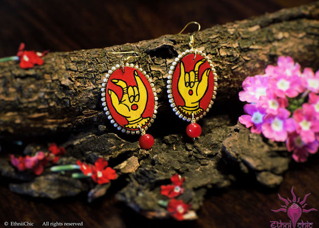 Picture of Hook Earring with Red Agate Beads - Mudra Design (Hanpainted Red & Yellow)