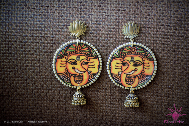 Picture of Earring with Hanging Jhumka - Ganesha Design (Handpainted Yellow)