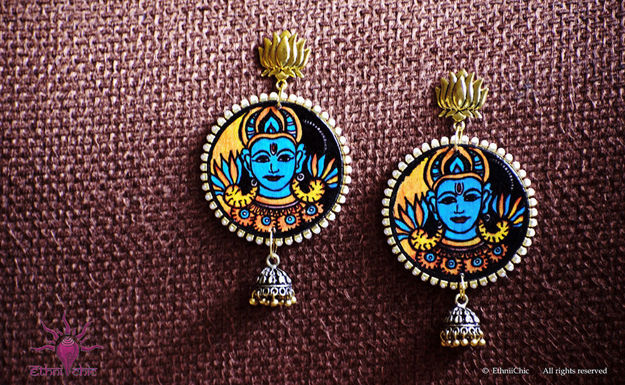 Picture of Earring with Hanging Jhumka - Mural Design (Handpainted Yellow)