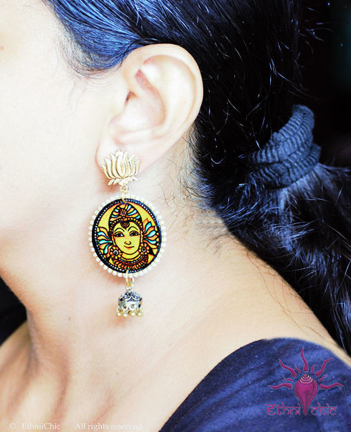 Picture of Earring with Hanging Jhumka - Mural Design (Handpainted Yellow)