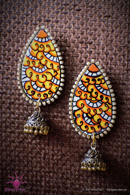 Picture of Earring with Hanging Jhumka - Mural Design (Handpainted Yellow)