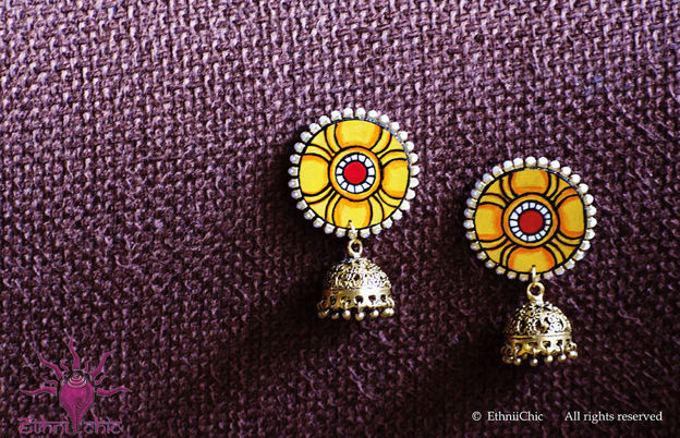 Picture of Earring with Hanging Jhumka - Mural Design (Handpainted Yellow)