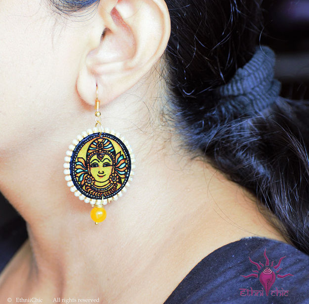 Picture of Earrings with Yellow Agate Beads - Mural Design (Handpainted Yellow)