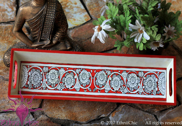 Picture of Wooden Serving Tray - Tholu Red Flower (Narrow)