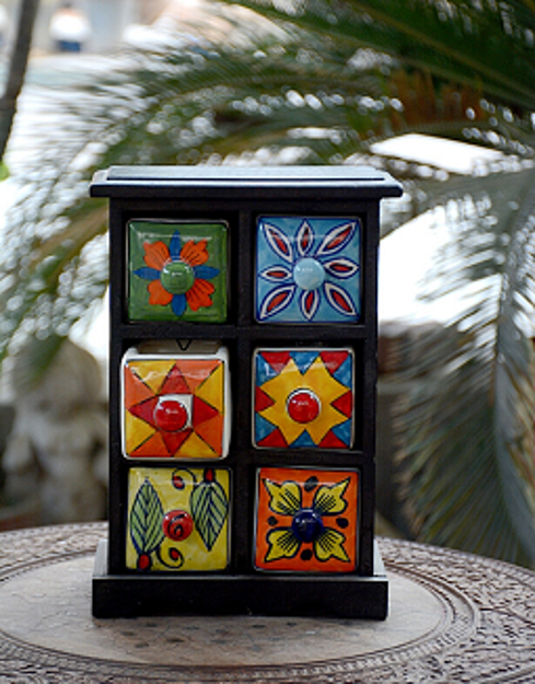 Picture of Hand Painted Wooden Ceramic Jewellery Box with 6 Racks
