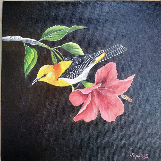 Picture of Bird on Hibiscus Acrylic Painting