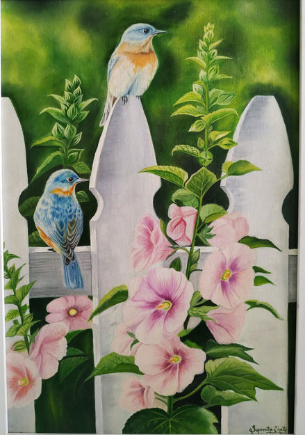 Picture of Bird Sitting on wooden structure Oil Painting