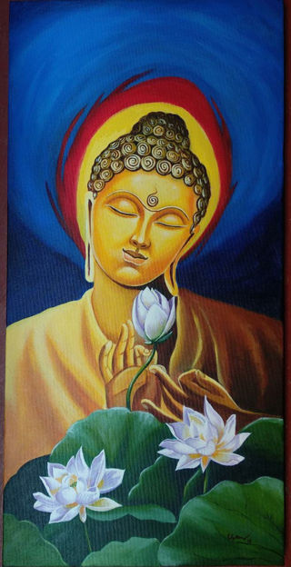 Picture of Buddha with white flowers Acrylic Painting